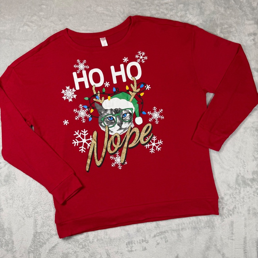 No Boundaries Womens Ho Ho Nope Cat Christmas Sweatshirt Red 3XL NJ48G051D